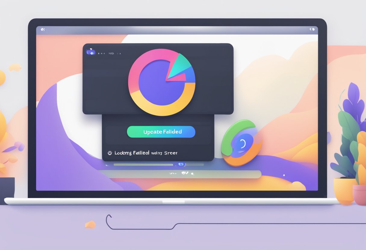 A computer screen displaying an error message "Update Failed" on the Discord app, with a loading icon stuck in the middle of the screen