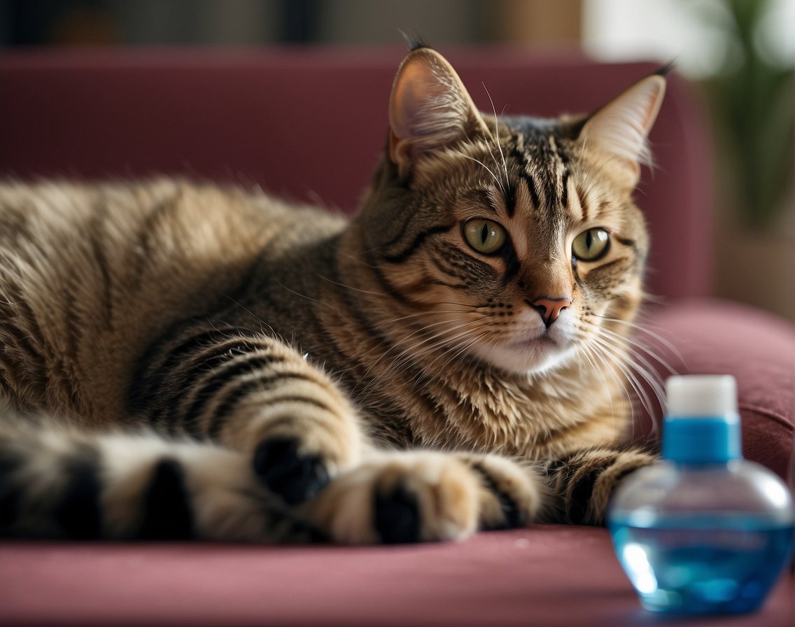 A cat lying on a soft cushion, with a concerned owner holding a bottle of cat pain medication and a bowl of water nearby