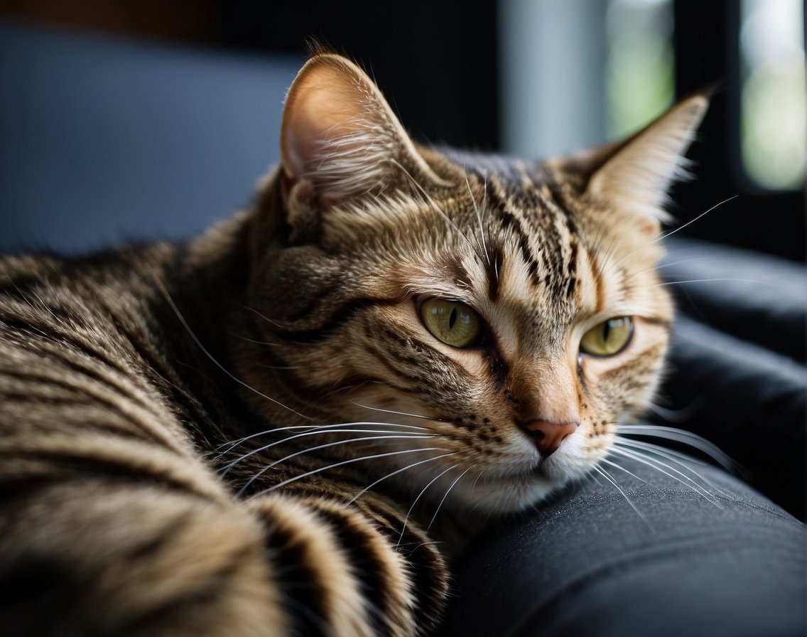 A cat curled up, wincing with narrowed eyes and a tense body posture, indicating discomfort or pain