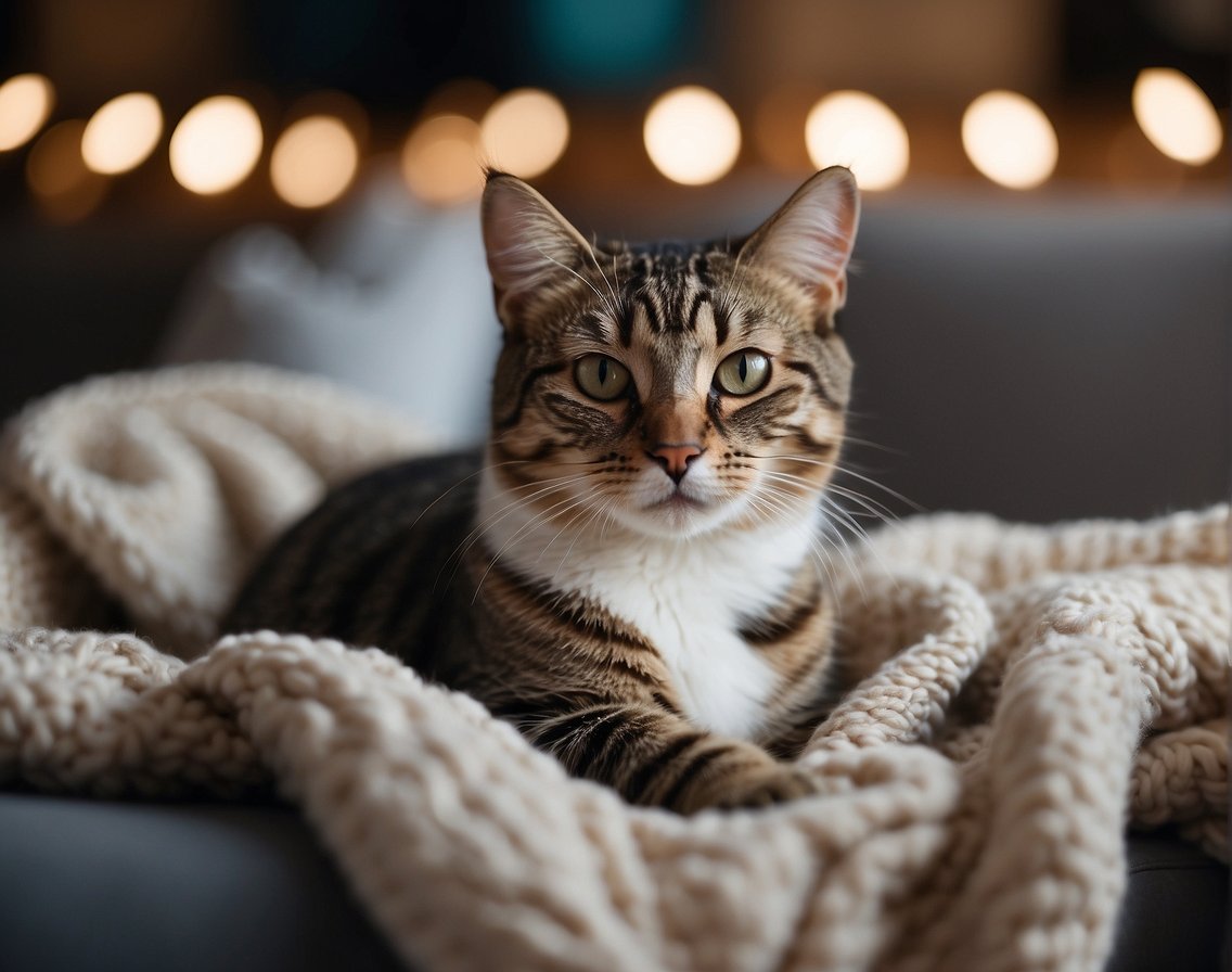 A cat sitting comfortably with a gentle expression, surrounded by calming elements like soft blankets, a cozy bed, and soothing music playing in the background