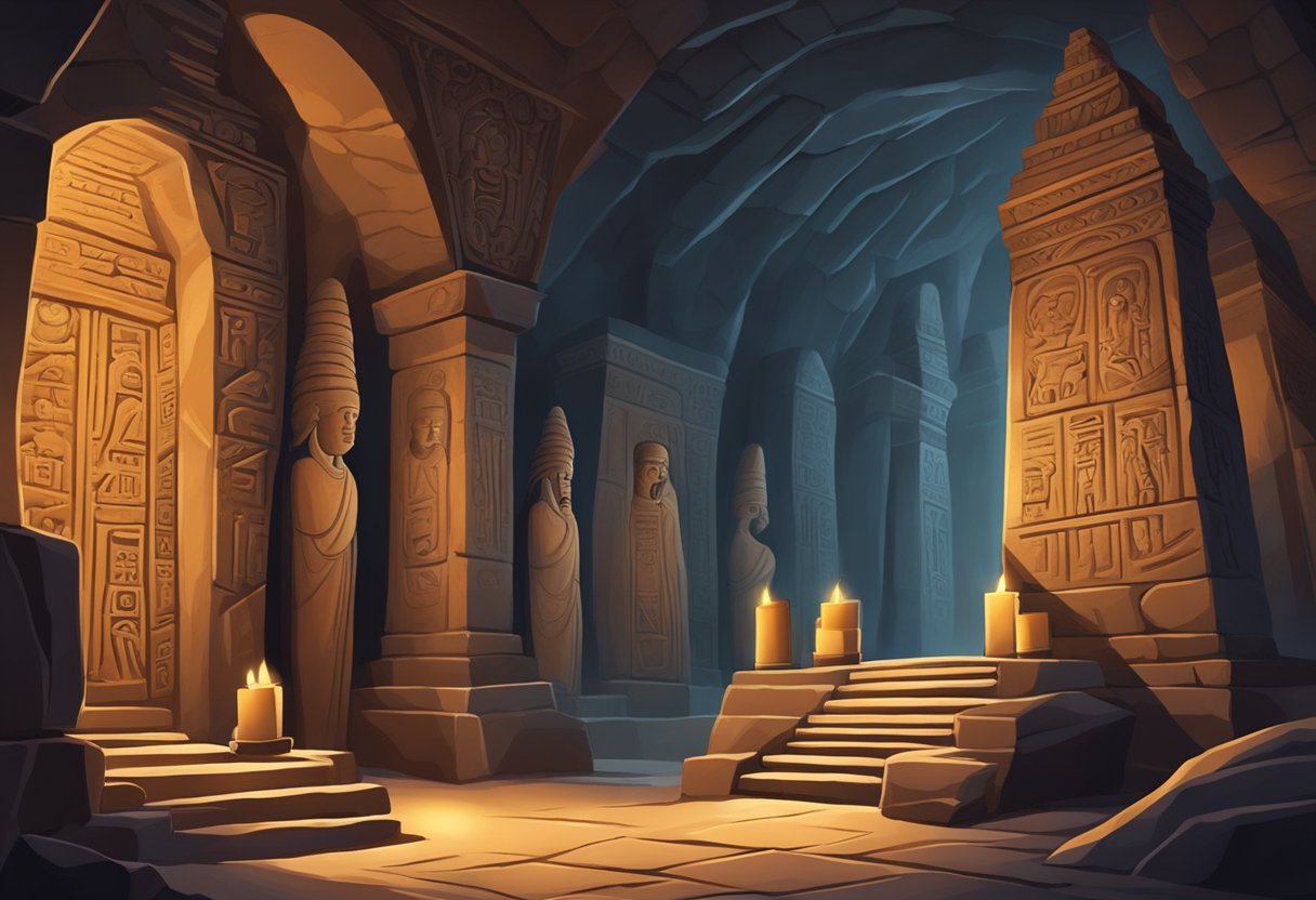 Torchlight flickers off ancient stone carvings in a dim, winding tomb. Symbols and hieroglyphs adorn the walls, telling stories of a long-forgotten civilization