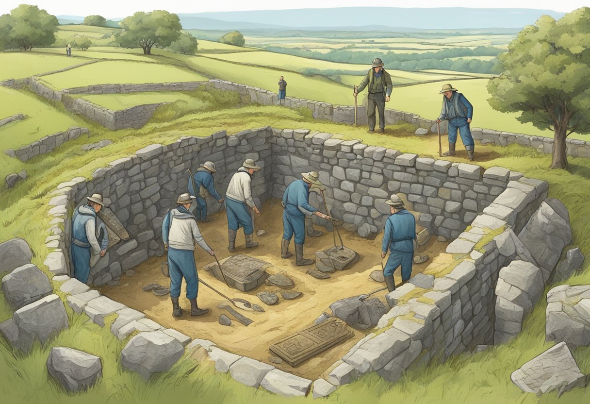 Explorers uncovering ancient tombs in County Meath, surrounded by artifacts and mysterious inscriptions