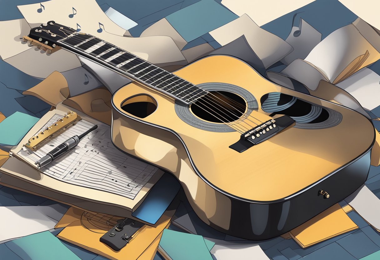 An amplified acoustic guitar resting on a stand, surrounded by music sheets and a microphone