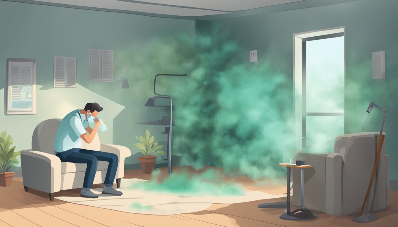 A room with visible mold growth on walls and ceiling. A person coughing and wheezing, struggling to breathe. A doctor diagnosing mold-induced asthma