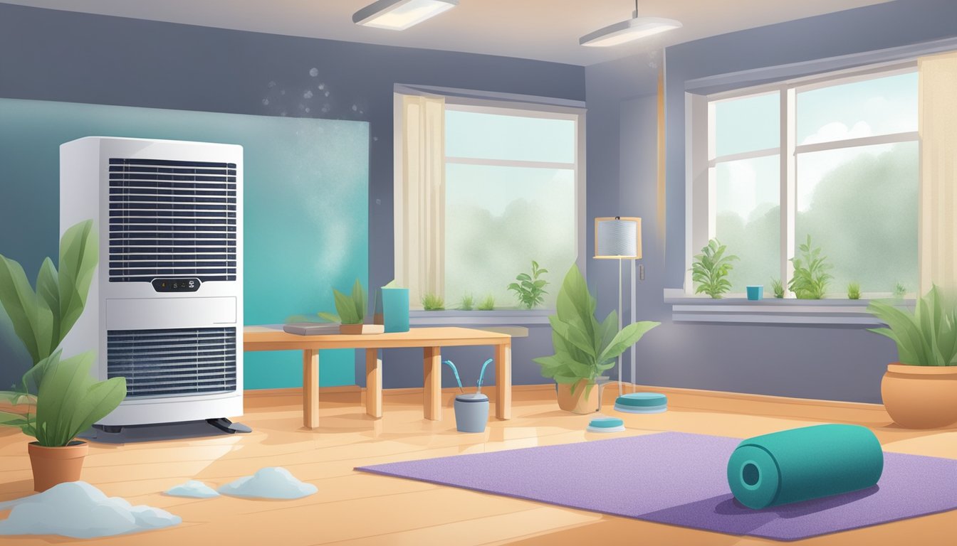 A clean, well-ventilated room with a dehumidifier, air purifier, and mold-resistant materials. Mold spores are being filtered out of the air, preventing asthma triggers