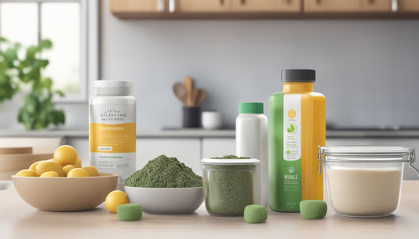 A kitchen with mold-free, whole foods on a clean, organized countertop, next to a bottle of natural mold-fighting supplements