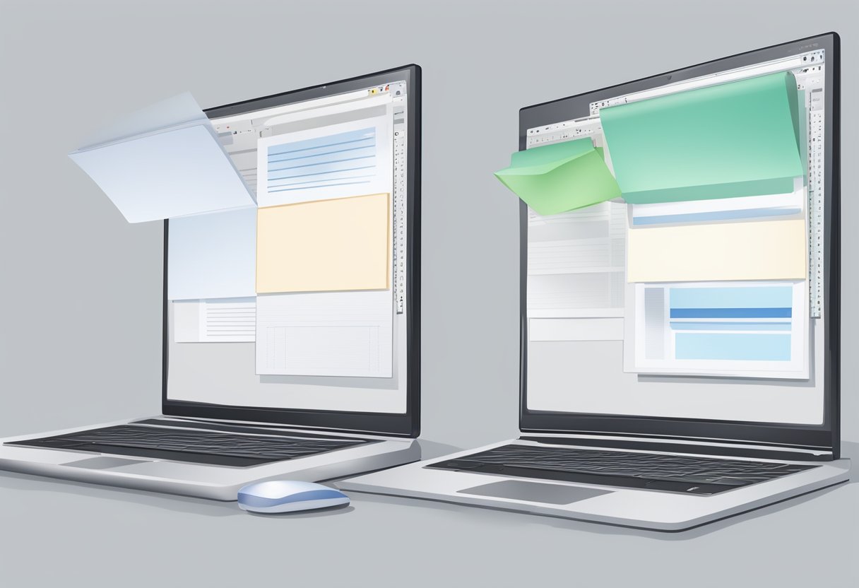 Two open notepad windows on a computer screen, side by side, displaying different documents. Mouse cursor clicking and dragging to adjust window size