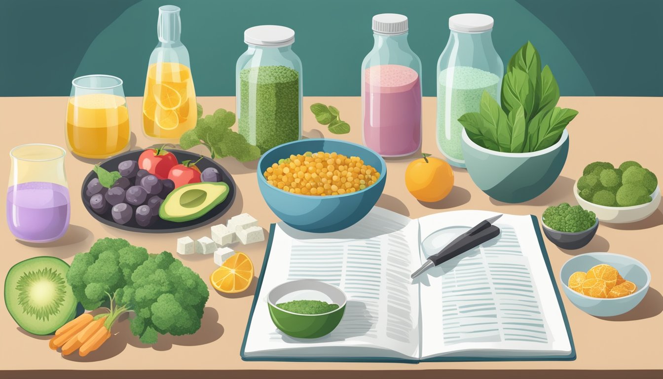 A table with various foods and mold detoxifiers, surrounded by scientific articles and research papers on diet's role in managing mold-related illness