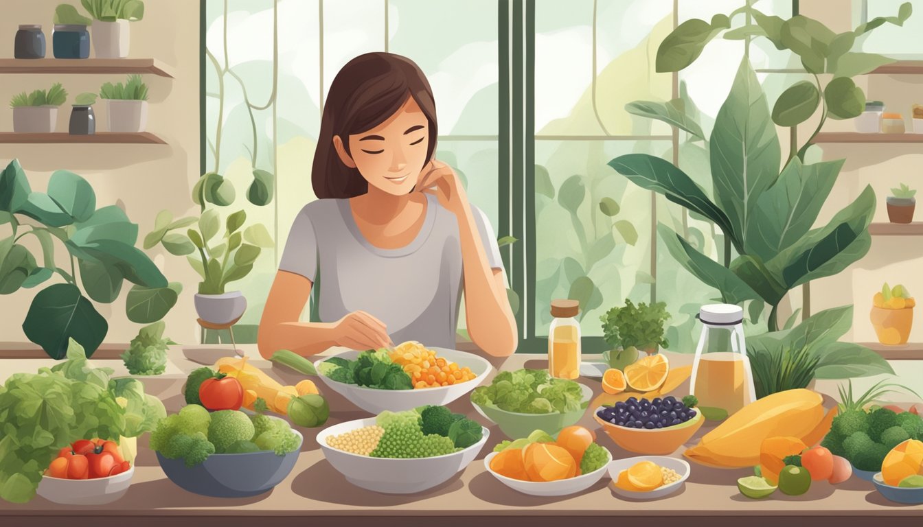 A person sitting at a table with a variety of healthy foods and supplements, surrounded by plants and natural light