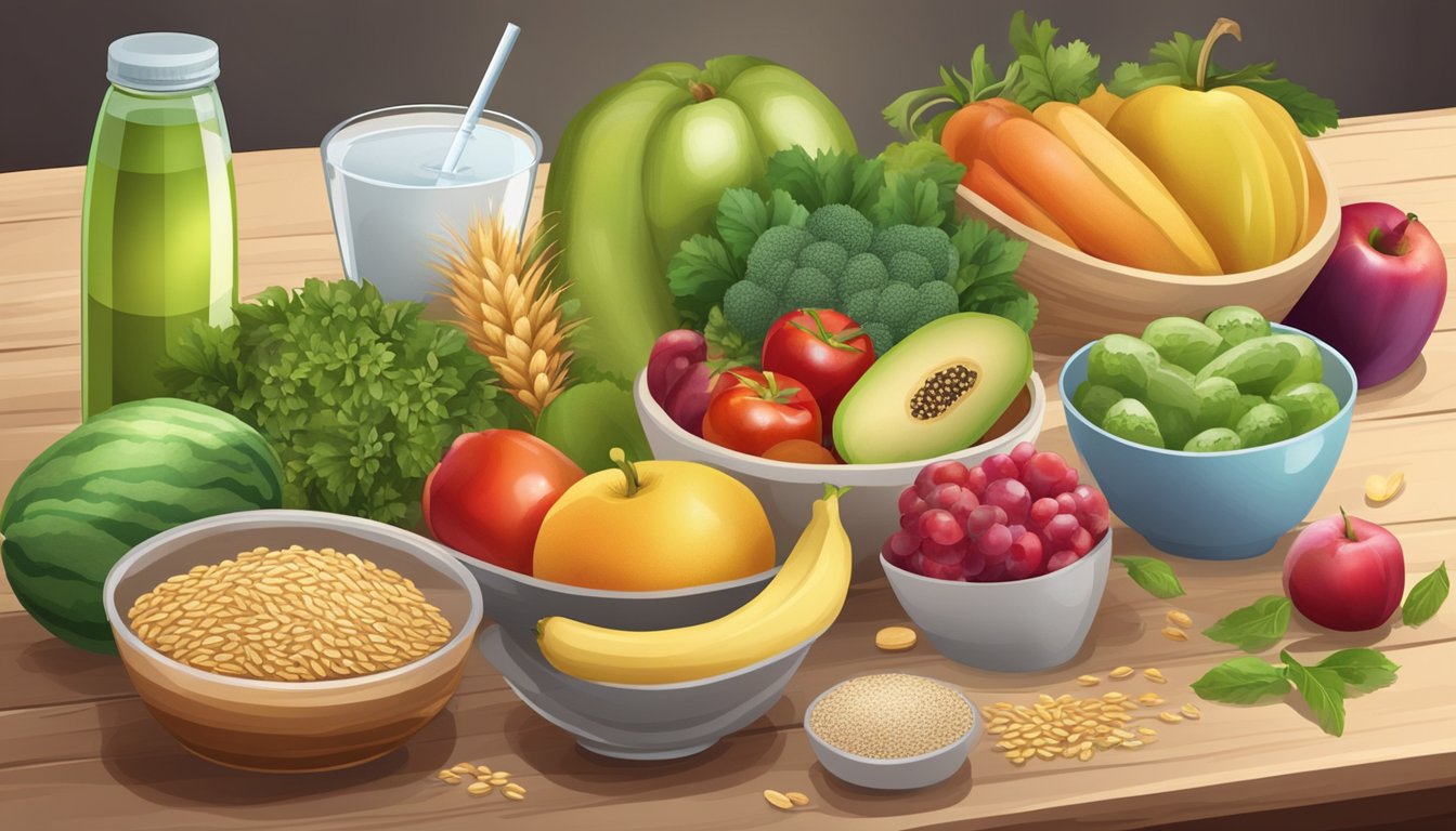 A table with a variety of fresh fruits, vegetables, and whole grains. A glass of water and a bottle of vitamins on the side
