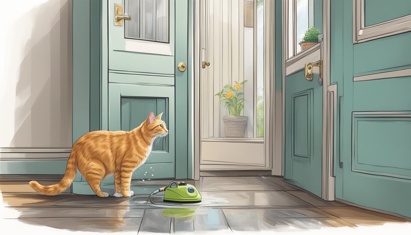 A pet owner cleaning mold from a damp corner, while their curious cat watches from a safe distance