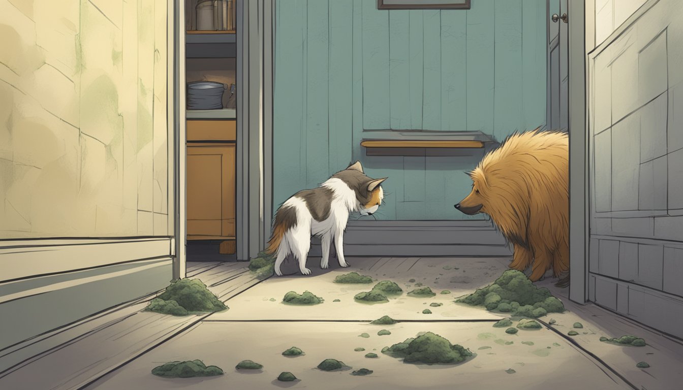 A furry pet sniffs at a moldy patch on the wall, while another pet looks on with concern. The room is dimly lit, with visible signs of mold growth on surfaces
