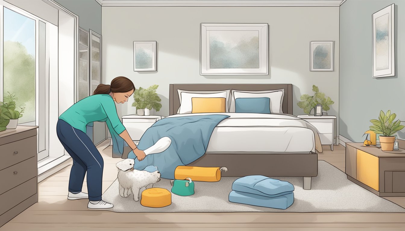 A pet owner placing mold-resistant bedding and toys in a clean, well-ventilated area, while removing any mold-infested items from their pet's living space