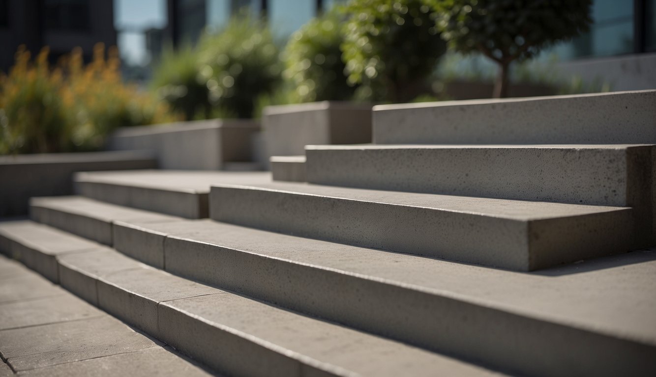 A precast concrete step stands sturdy, with smooth edges and a textured surface. Nearby, a poured concrete step looks rough and uneven