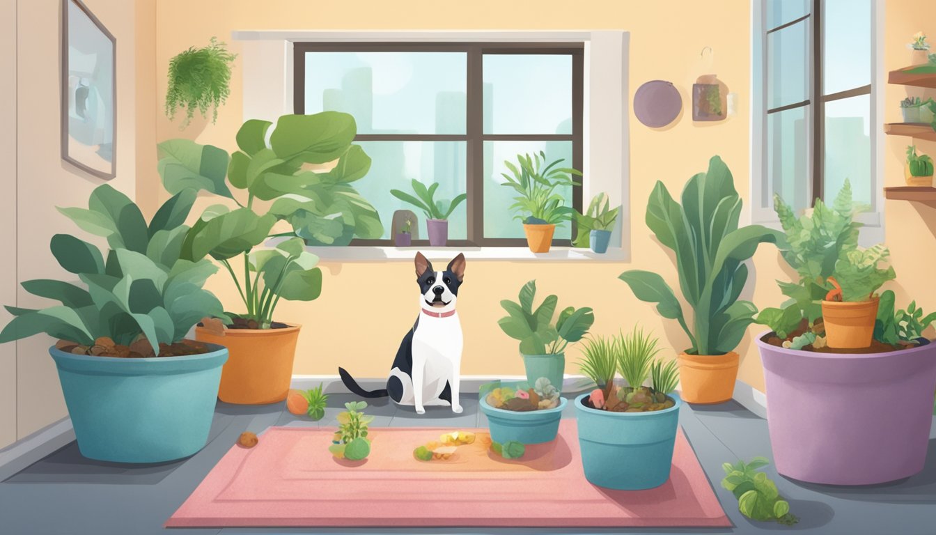 A pet sitting in a clean, well-ventilated room with no visible mold. The pet is surrounded by healthy plants and toys, with a water bowl and food dish nearby