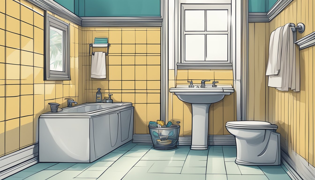 A bathroom corner with damp walls and a pet water bowl nearby