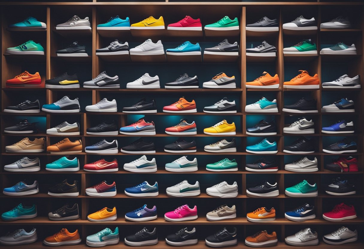 A shelf lined with colorful, pristine sneakers. Boxes stacked neatly, each pair meticulously arranged. A display of rare and sought-after designs, showcasing the passion of a sneaker collector