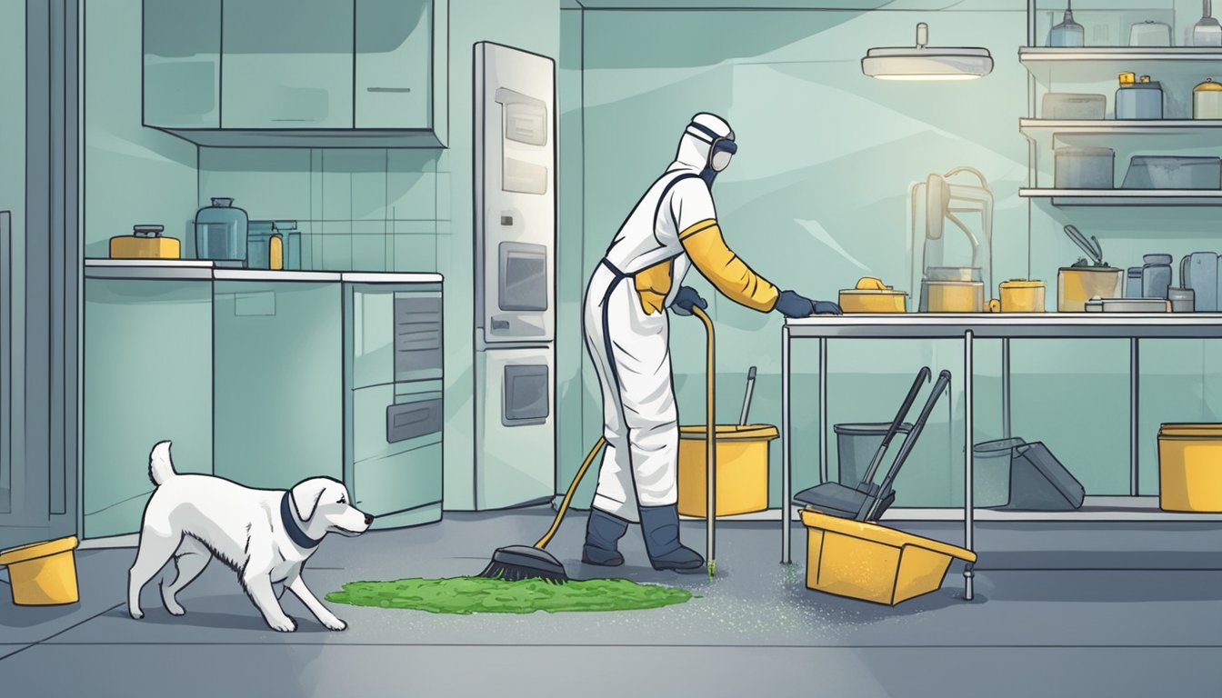 A person in protective gear cleans mold while a pet waits in a separate, safe area. The focus is on the cleaning process and the pet's safety