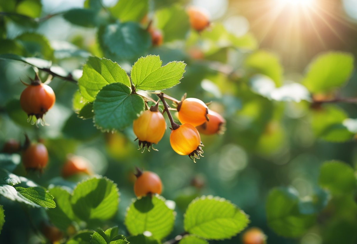 A vibrant rosehip plant grows, its oil glistening in the sunlight, radiating cellular renewal and a natural glow