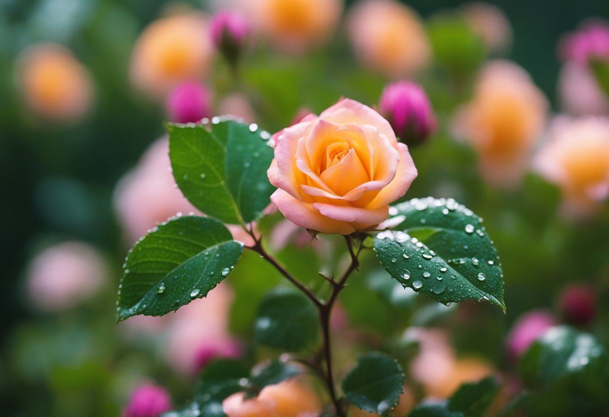 A vibrant rose bush blooms, its petals glistening with dew. A drop of rosehip oil drips onto a leaf, illuminating its natural shine