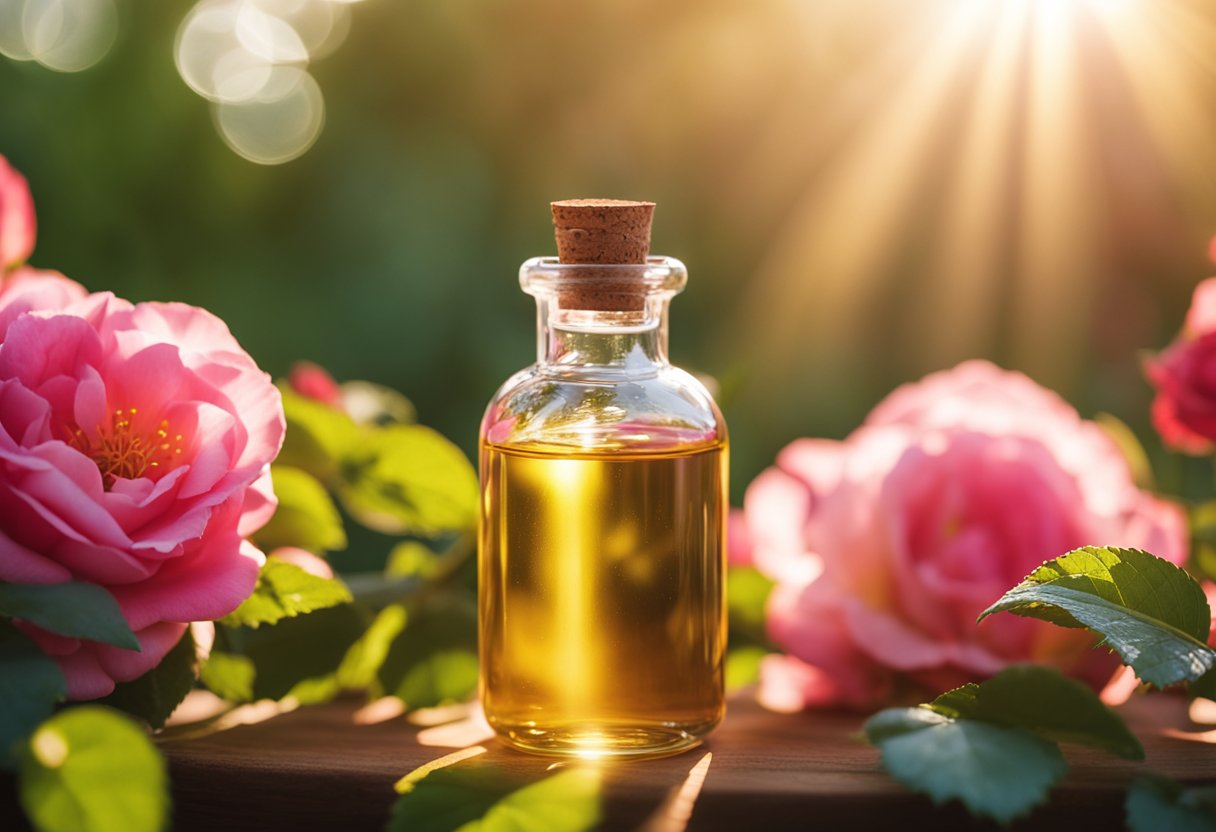 A bottle of rosehip oil surrounded by vibrant, blooming roses, with rays of sunlight illuminating the scene, creating a sense of renewal and radiance