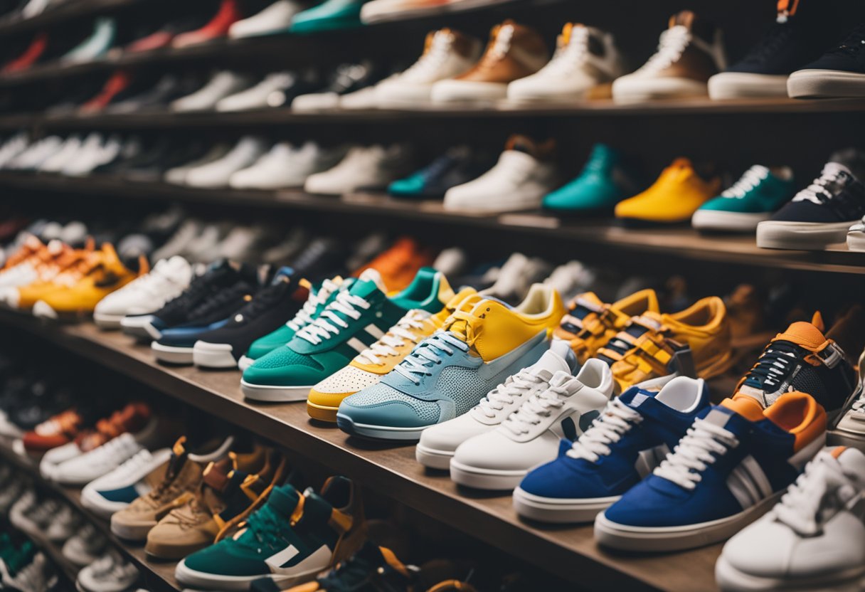 A group of sneaker enthusiasts gather at a convention, admiring and discussing their collections. Sneakers of all colors and designs are displayed on tables and shelves, creating a vibrant and lively atmosphere