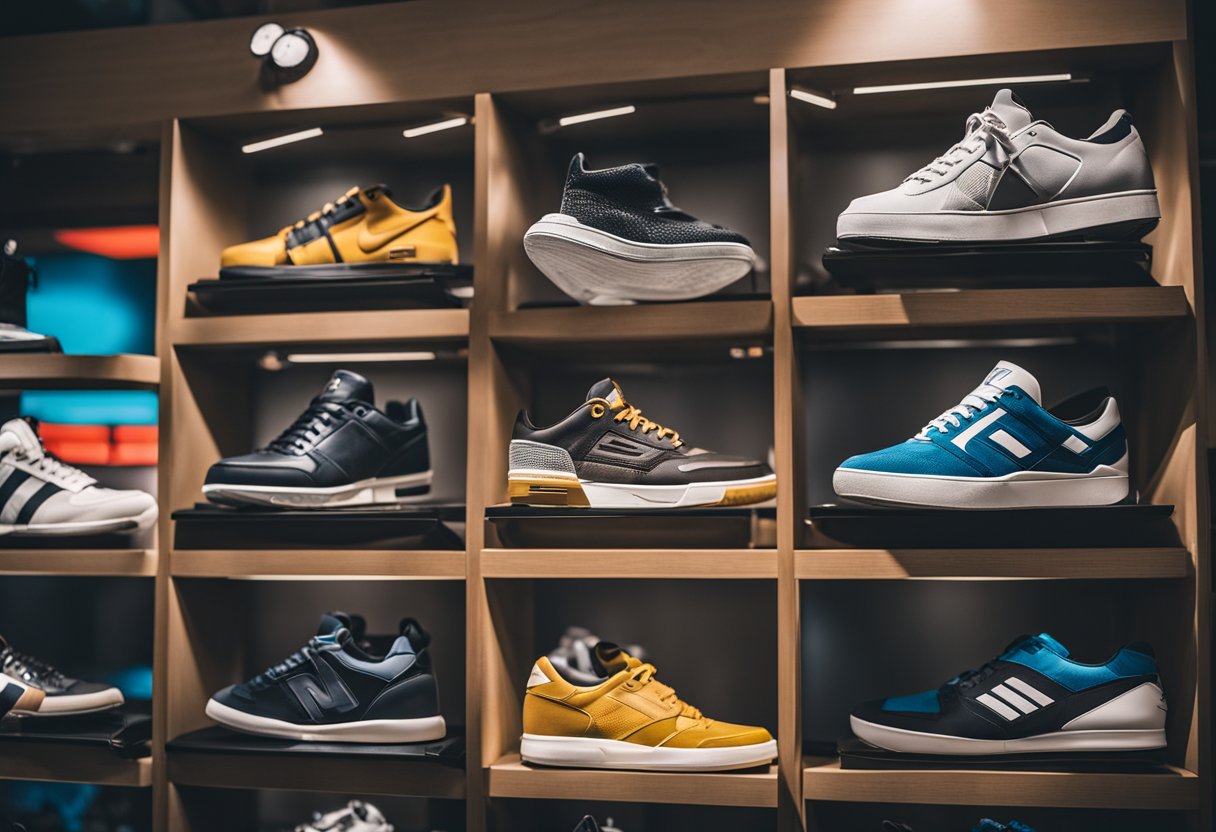 A collection of rare and popular sneakers displayed on shelves, with authentication tags and certificates visible. Various brands and styles are showcased, highlighting the passion for sneaker collecting