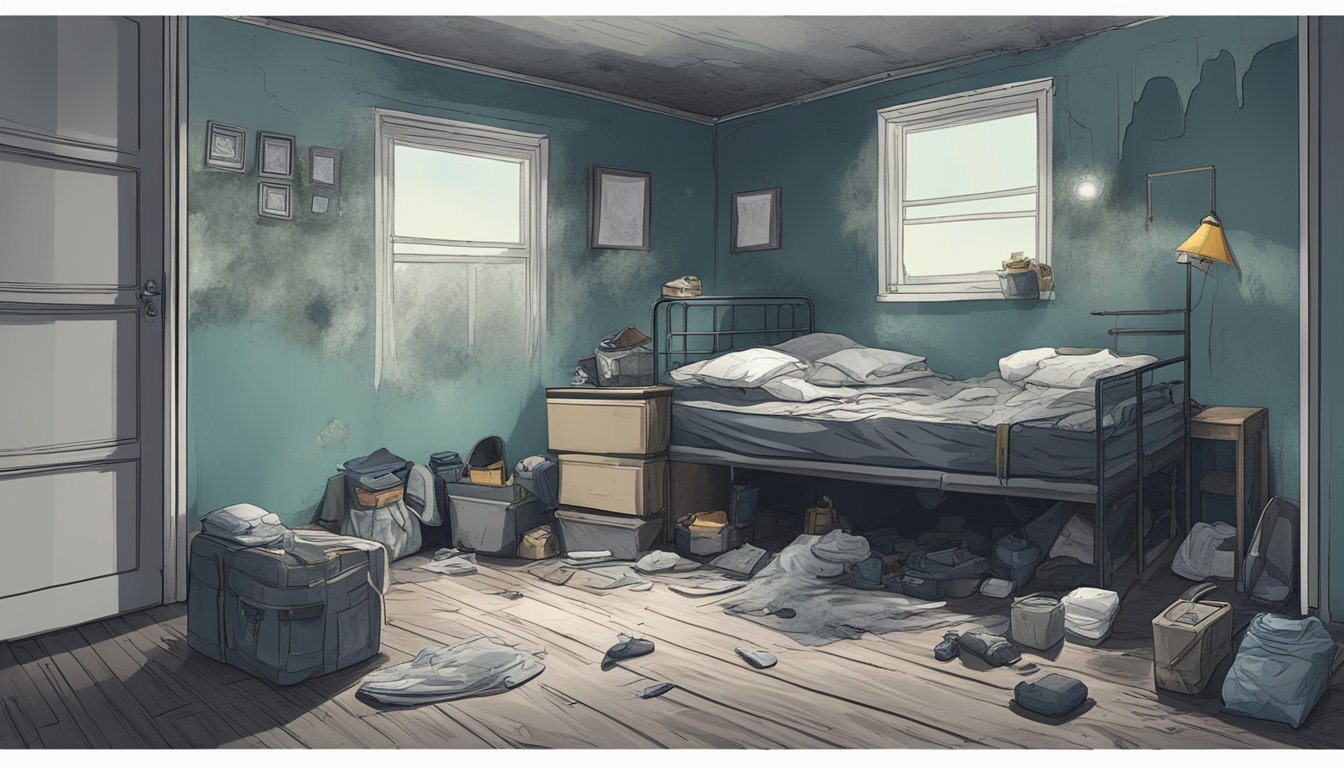 A dark, damp room with visible mold growth on walls and ceilings. A person's belongings are covered in mold, causing a sense of despair and hopelessness