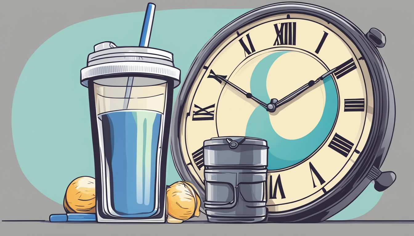 A protein shake sits untouched next to a clock showing the time window for intermittent fasting