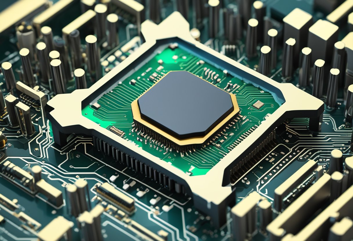A CPU chip sits within a computer motherboard, with drivers surrounding it, symbolizing the importance of understanding CPU drivers for proper functioning