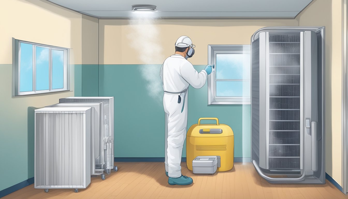 A clean, well-ventilated space with dehumidifiers and mold-resistant materials. A person researching mold-related health issues