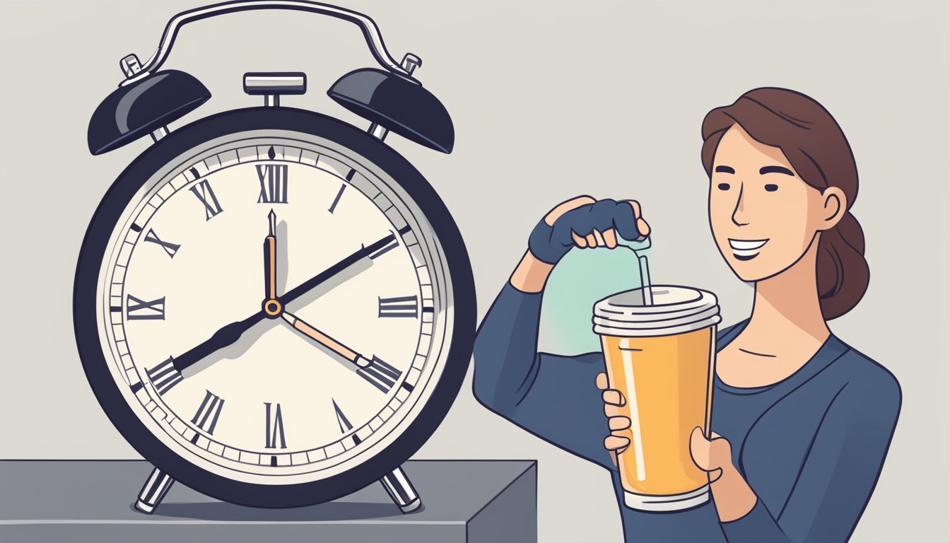 A person holding a protein shake bottle next to a clock showing intermittent fasting hours