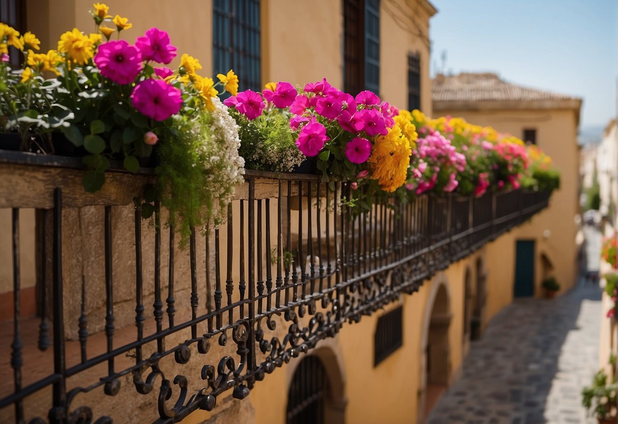 These lovely balconies overlook narrow streets, adorned with colorful flowers and intricate iron railings