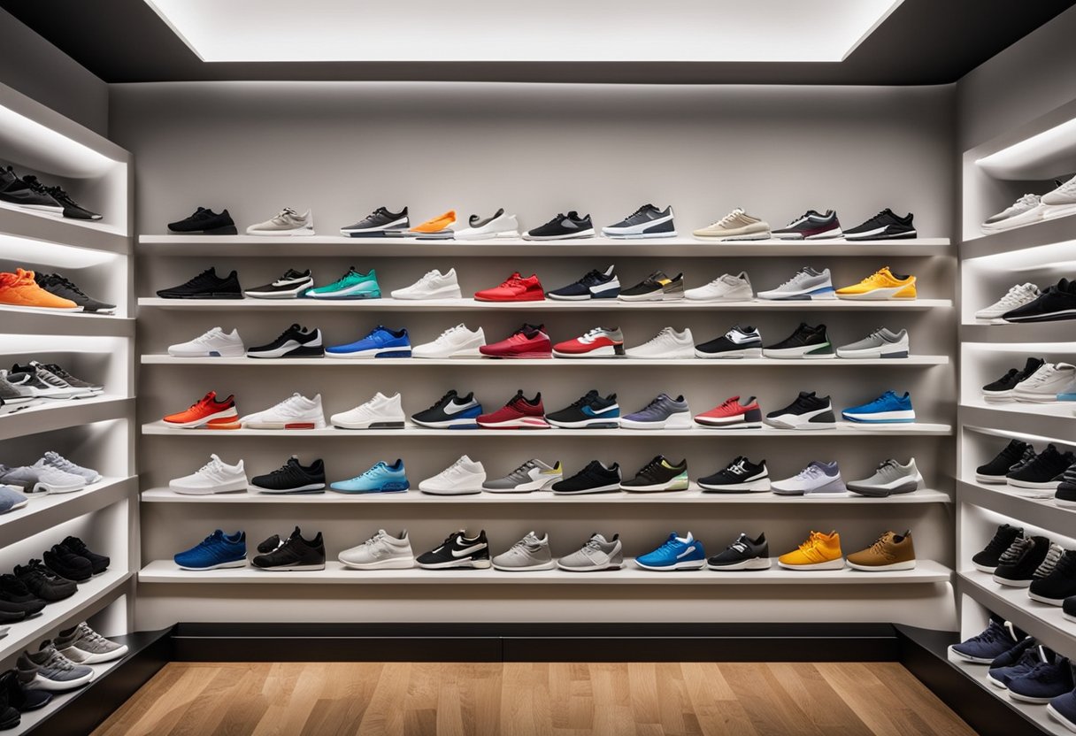 A collection of colorful, pristine sneakers displayed on shelves, with boxes neatly stacked nearby. A sneaker cleaning kit and framed photos of iconic sneakers adorn the walls