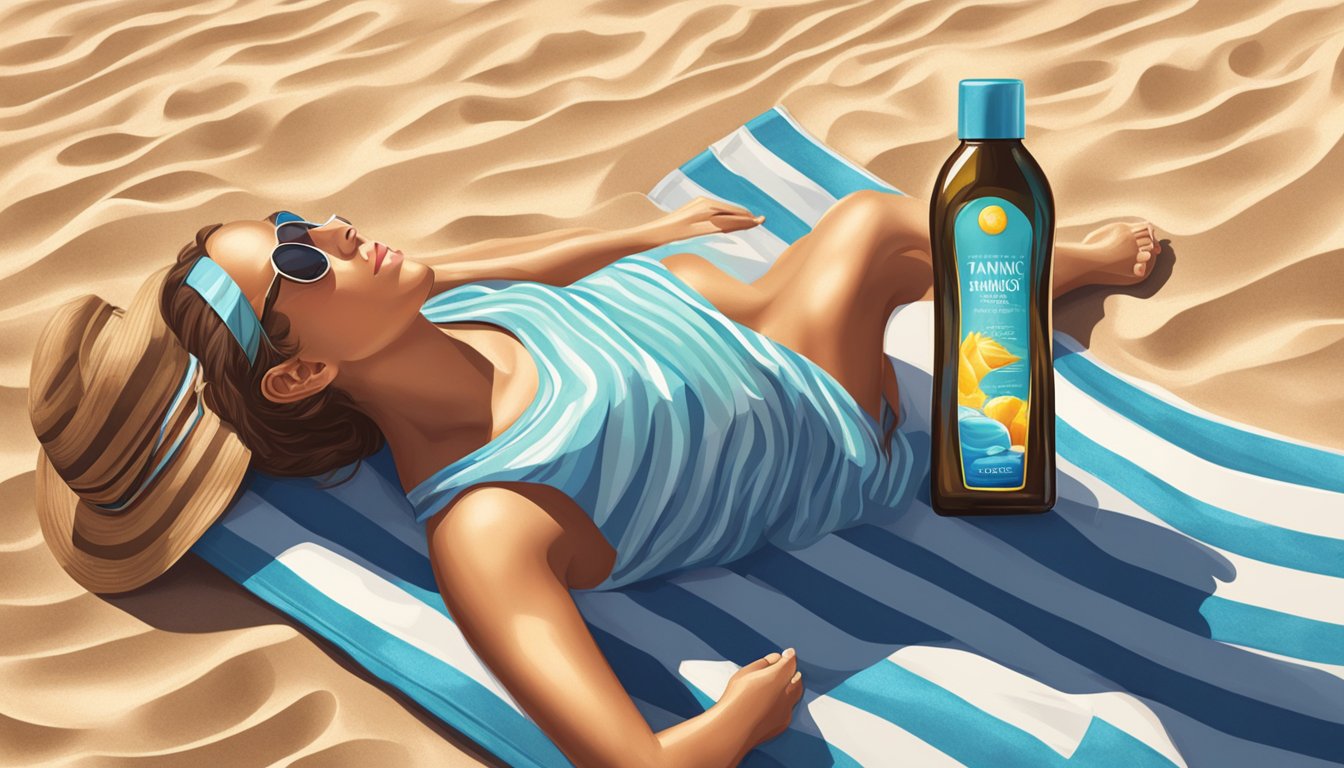 A person lying on a beach towel under the sun with a bottle of tanning oil