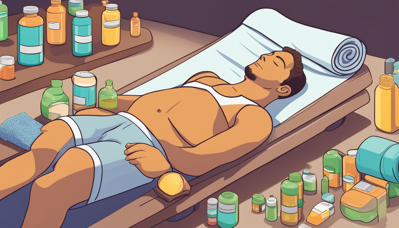 A person lying in a tanning bed, with a sweatband around their head and a towel draped over their body, surrounded by bottles of weight loss supplements and a scale nearby