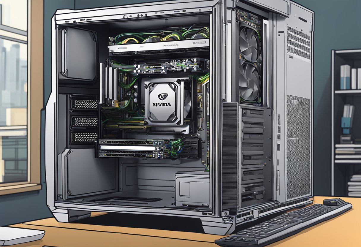 A computer tower sits open on a desk, with a hand holding a new graphics card ready to be installed. The old Nvidia drivers are being uninstalled from the computer screen