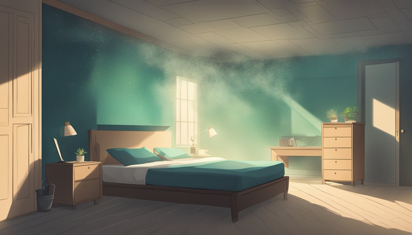 A dimly lit room with visible mold growth on walls and ceiling. Dust particles and allergens float in the air, creating a hazy and unhealthy atmosphere
