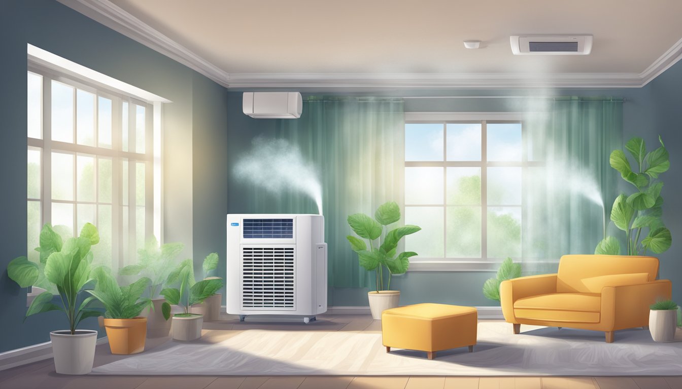 A room with ventilation systems and air purifiers removing mold spores from the air, creating a clean and healthy indoor environment