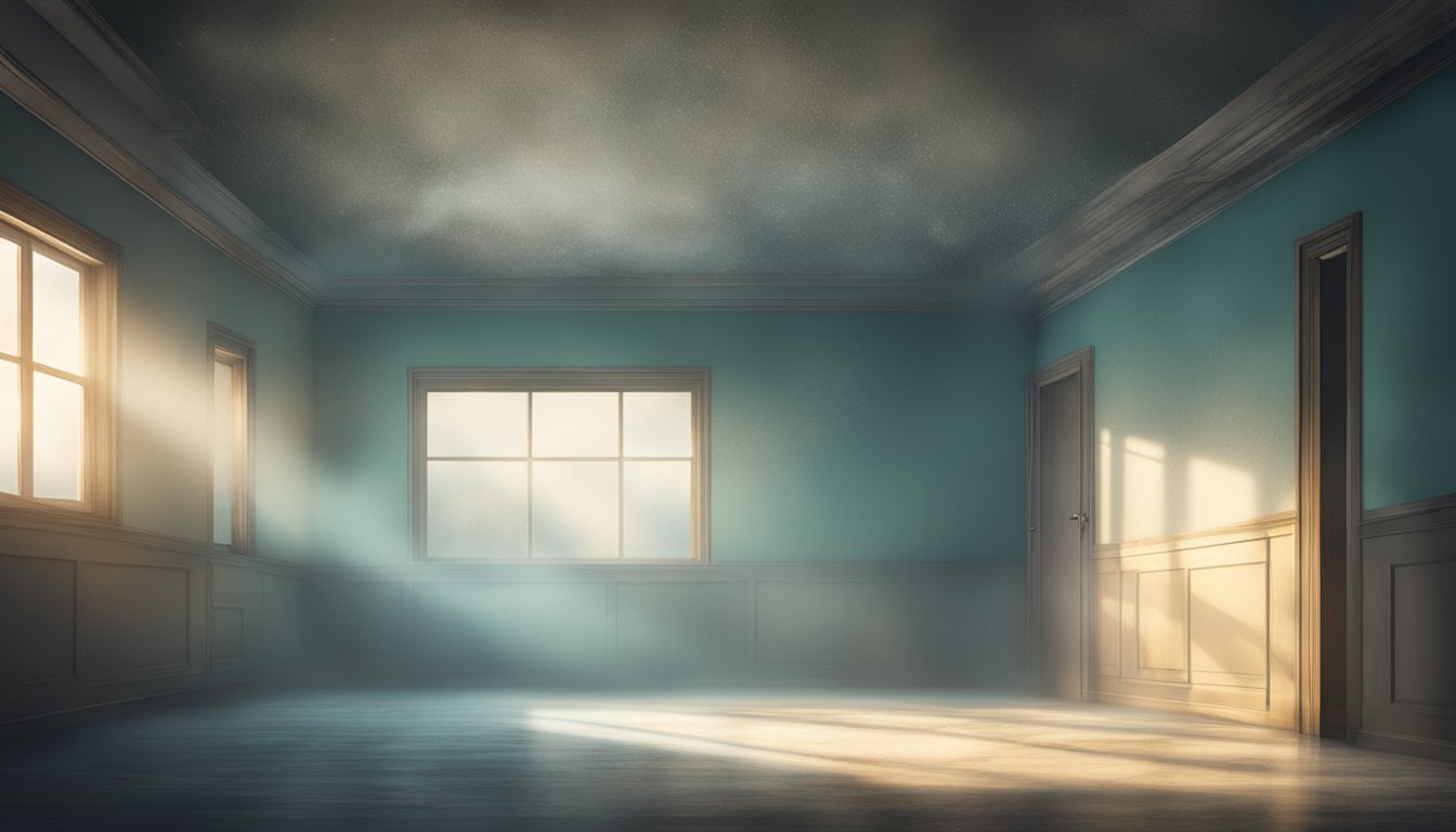 A dimly lit room with visible mold growth on walls and ceiling. Dust particles float in the air, creating a hazy atmosphere