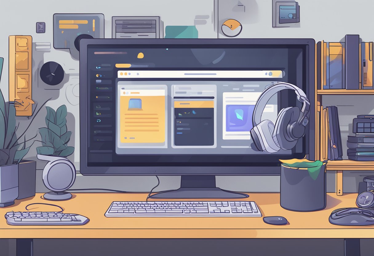 A computer screen with the Discord app open, showing the user's status set to "Do Not Disturb." The screen is surrounded by a cluttered desk with a gaming headset and keyboard