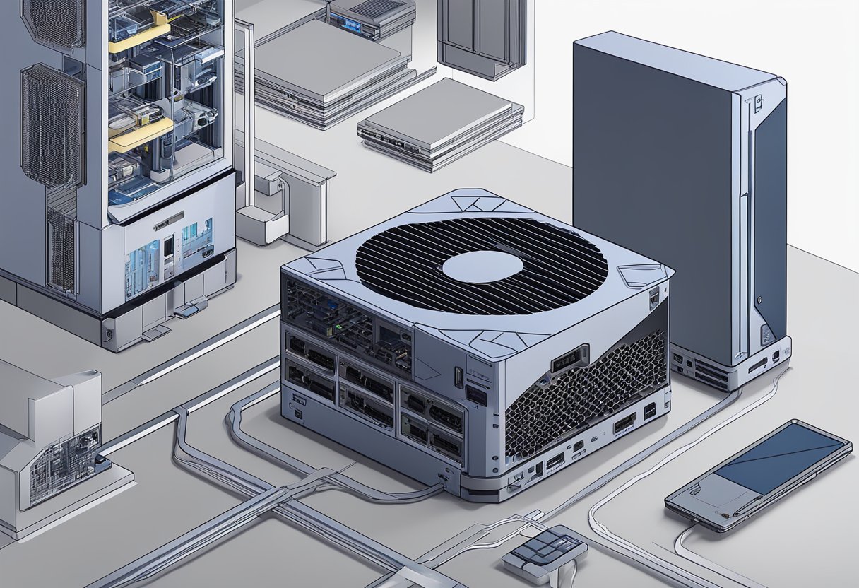 A PS5 console connected to a network, with various components such as CPU, GPU, and memory, depicting system architecture and performance. No GPS feature visible