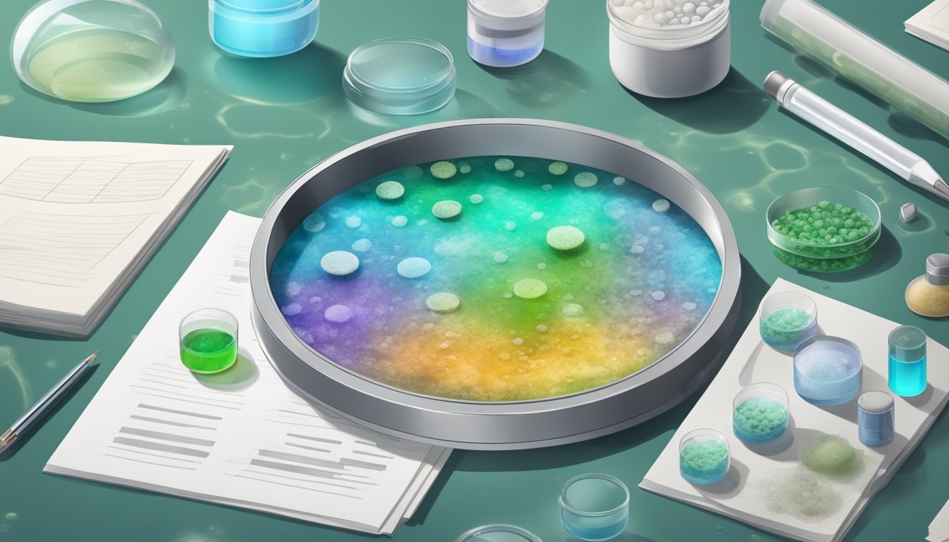 A petri dish filled with mold spores and biotoxins, surrounded by scientific equipment and research papers