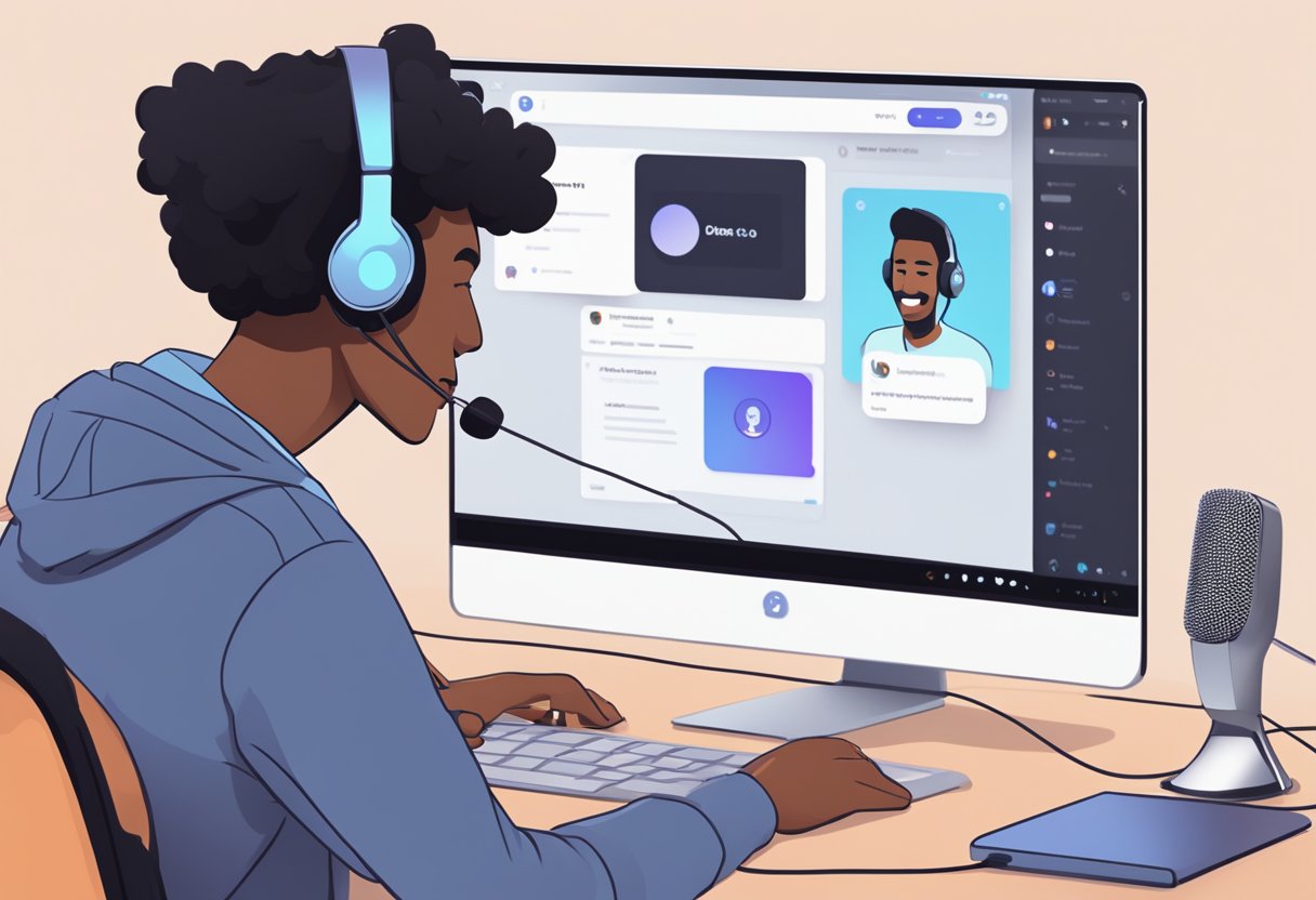 A person speaking into a microphone connected to a computer, with the Discord app open on the screen, showing a voice communication channel