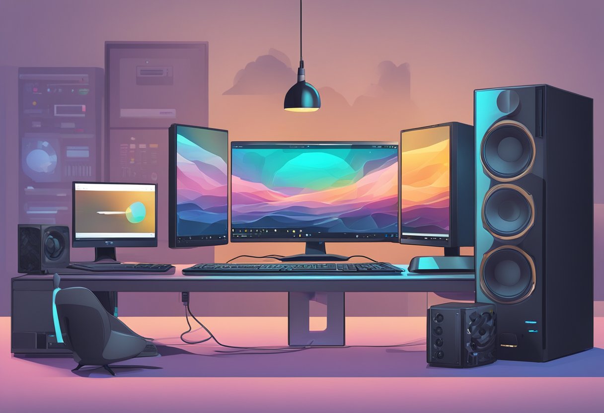 A PC setup with a monitor as the central focus, surrounded by keyboard, mouse, and speakers