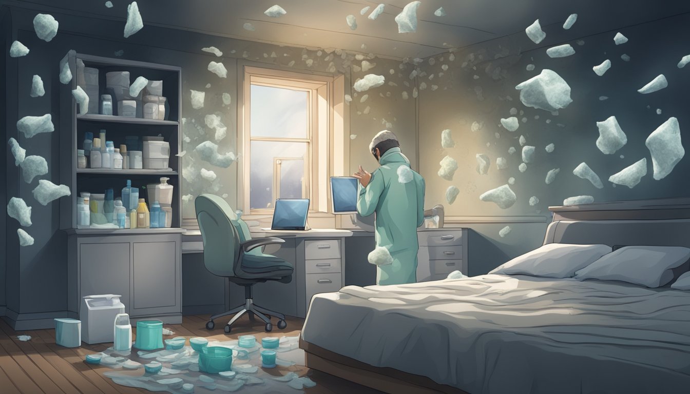 A dark, damp room with visible mold growing on the walls and ceiling. A person sneezing and rubbing their irritated sinuses, surrounded by tissues and medication