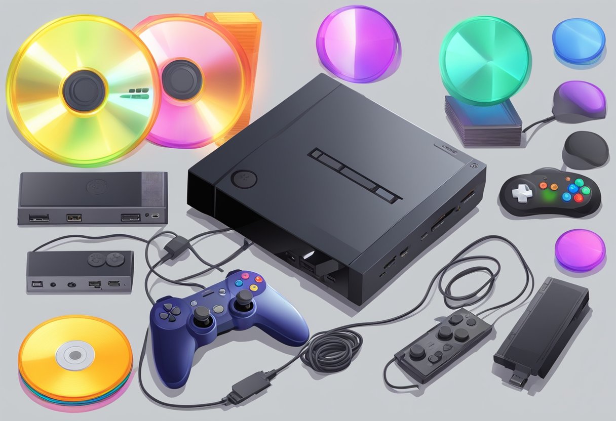 A gaming console with an optical drive slot, surrounded by various game discs and a controller