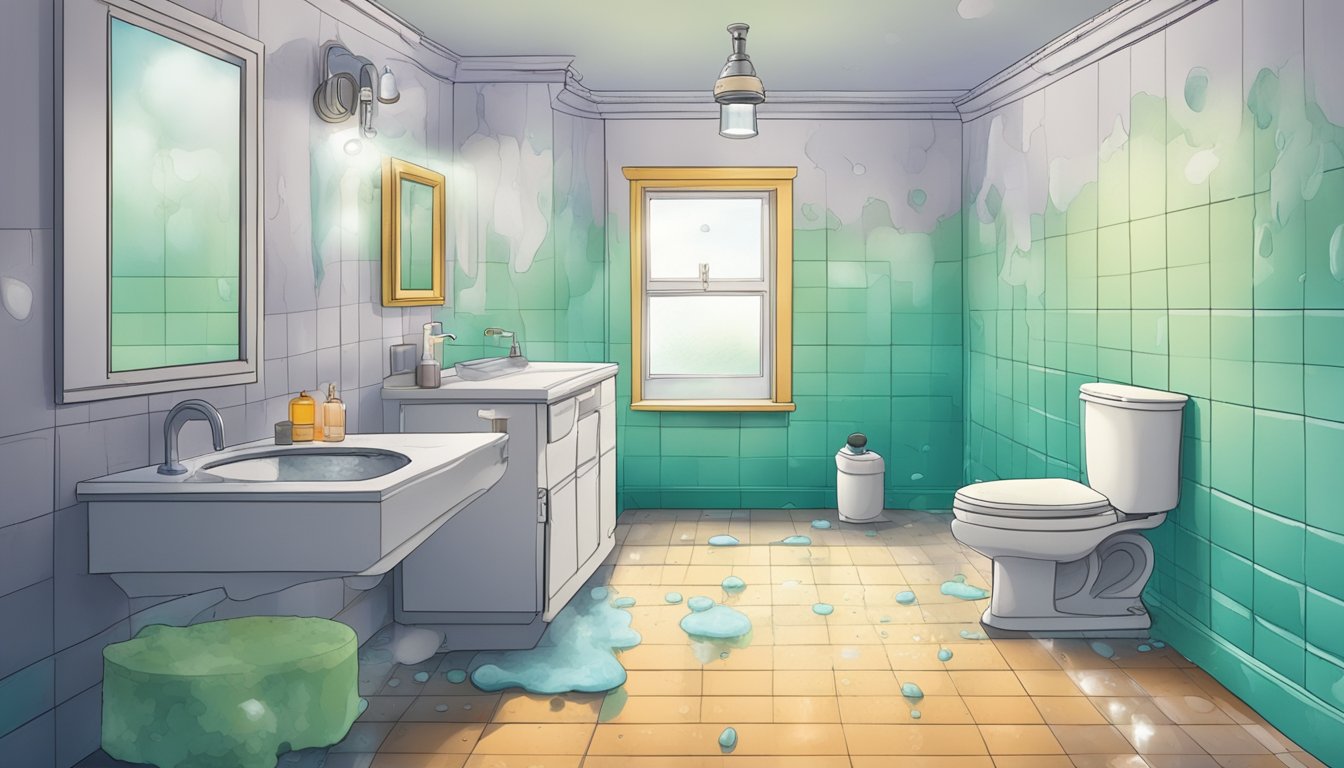 A moldy bathroom with damp walls and ceiling, visible mold growth, and a humidifier running in the corner
