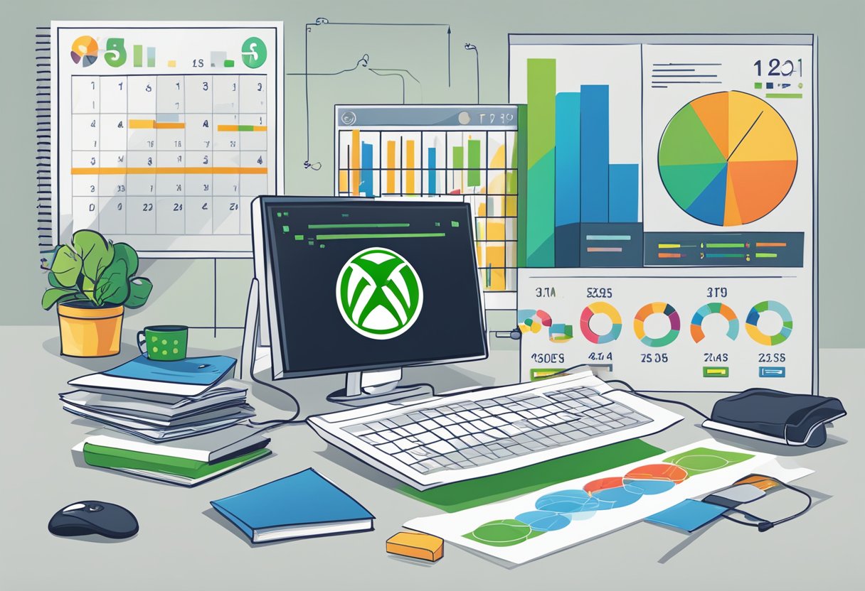 An Xbox console surrounded by business charts and graphs, with a calendar showing the date 15/02