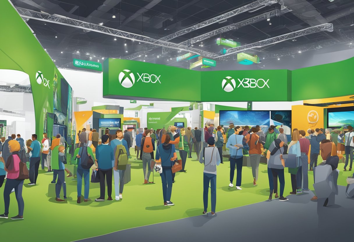 A bustling trade show floor with Xbox banners and eager attendees, showcasing new games and technology on display